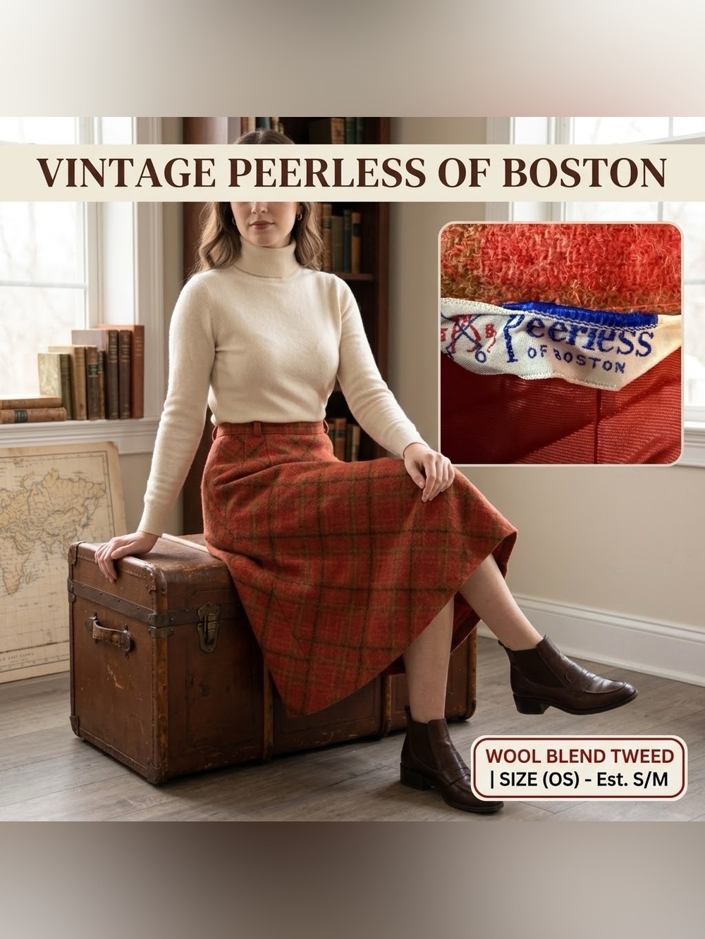 Vintage Peerless of Boston Wool Plaid A-Line Skirt Rust Orange Size OS